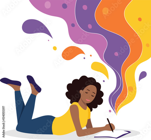 A young woman lying on the floor writing, with soft flowing abstract shapes (like colors or thoughts) rising from her pen. White background, flat style.