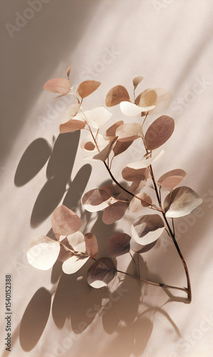 Elegant eucalyptus branch casting delicate shadows against a soft toned wall revealing nature's beauty serene atmosphere