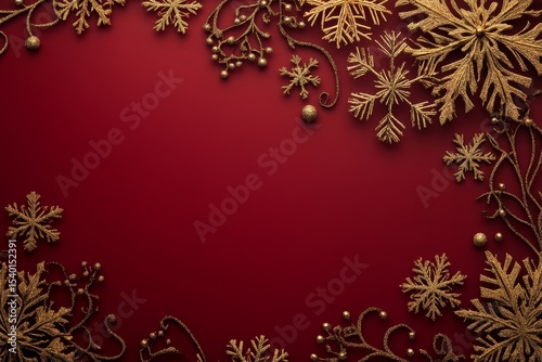 rich red background with golden borders featuring intricate snowflake designs, perfect for luxury holiday branding, Generative AI