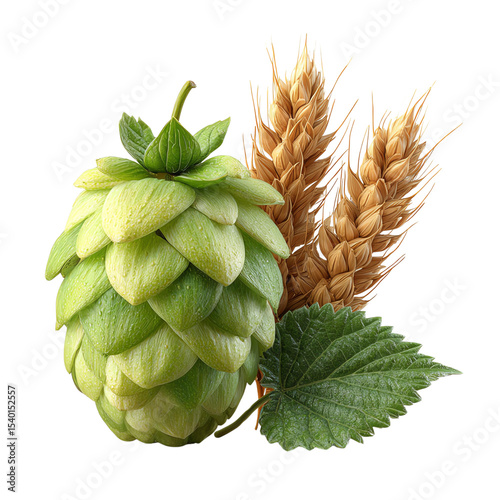 Fresh hop cone alongside golden wheat and green leaves, representing the essence of brewing and natural ingredients.