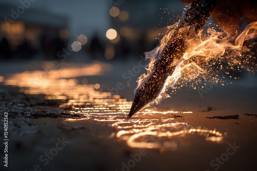 Creative expression ignites as a hand held tool writes glowing letters in fiery bursts against a dark and atmospheric backdrop during a lively outdoor event at dusk