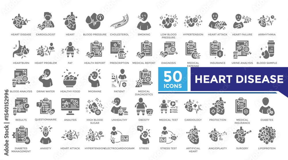 Fototapeta premium Heart disease solid icon set collection. This set includes obesity, plasma, cardiology, diabetes, blood pressure, cholesterol and more icons in lineal style. Vector icons collection for infographics
