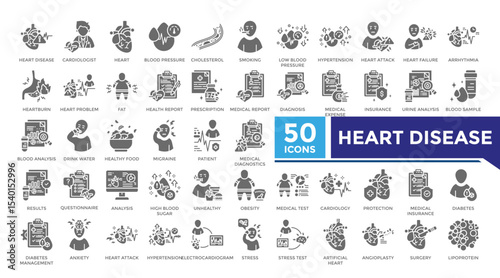 Heart disease solid icon set collection. This set includes obesity, plasma, cardiology, diabetes, blood pressure, cholesterol and more icons in lineal style. Vector icons collection for infographics