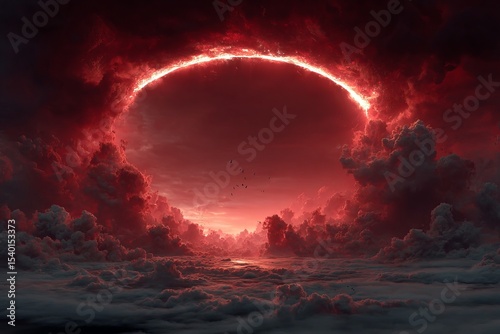 Striking twilight envelops the horizon as fiery clouds dance around an ethereal portal, creating a surreal atmosphere in the vast expanse above the ocean