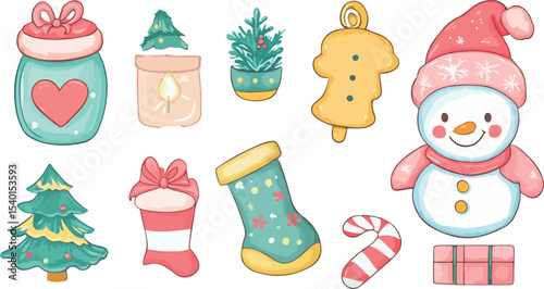 Collection of Cute Christmas Decorations with a Snowman Christmas Trees Candy Cane Bell Stockings and a Jar with a Heart on a White Background