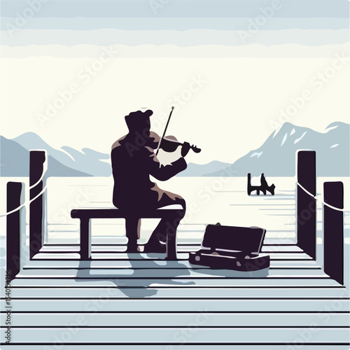 image of a man playing the violin on a pier with a simple and minimalist flat design using a white background