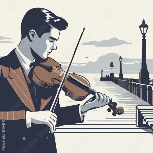 image of a man playing the violin on a pier with a simple and minimalist flat design using a white background