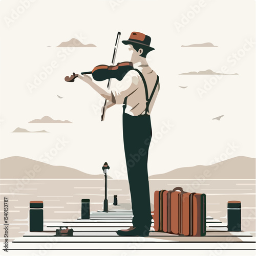 image of a man playing the violin on a pier with a simple and minimalist flat design using a white background