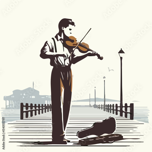 image of a man playing the violin on a pier with a simple and minimalist flat design using a white background