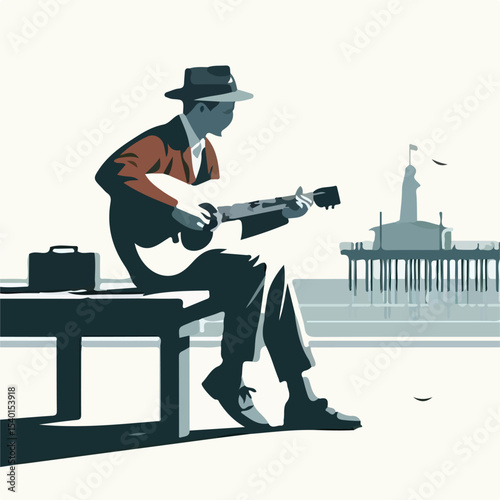 image of a man playing guitar on a pier with a simple and minimalist flat design using a white background