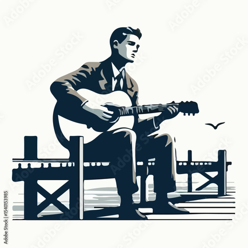 image of a man playing guitar on a pier with a simple and minimalist flat design using a white background