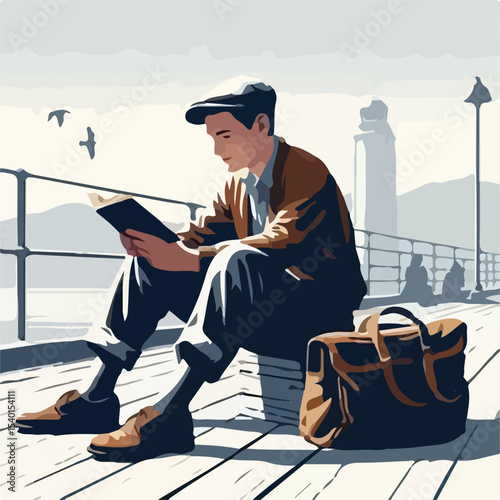 image of a man reading a book on the pier with a simple and minimalist flat design using a white background