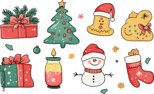 Festive Hand Drawn Christmas Elements Featuring Gifts a Tree Gingerbread a Candle a Snowman and a Stocking Perfect for Holiday Greetings and Designs on a