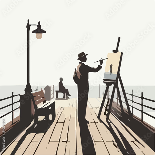 image of a man painting on a pier with a simple and minimalist flat design using a white background