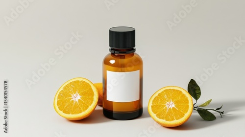 This high-resolution liquid serum mockup features an amber glass bottle with a black cap, surrounded by halved oranges against a soft grey backdrop, illuminated with professional lighting