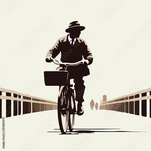 image of a man riding a bicycle on a pier with a simple and minimalist flat design using a white background