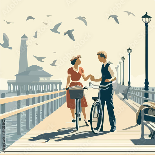 image of a man and woman riding a bicycle on a pier with a simple and minimalist flat design using a white background