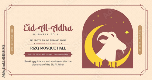 Eid Al-Adha Mubarak Banner with Goat Silhouette and Mosque