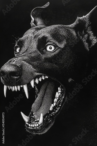 A fierce doberman leaps from the darkness, barking with its teeth bared and eyes glaring in anger