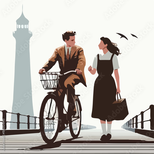 image of a man and woman riding a bicycle on a pier with a simple and minimalist flat design using a white background