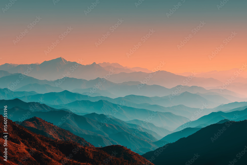 Obraz premium Serene sunrise casting light over layered mountain ranges with vibrant colors