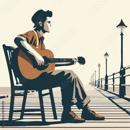 image of a man playing guitar on a pier with a simple and minimalist flat design using a white background