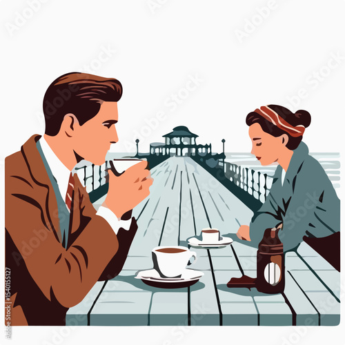image of a man and woman drinking coffee on a pier with a simple and minimalist flat design using a white background