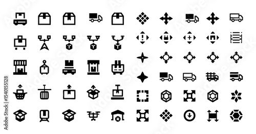 Delivery and Logistics Glyph Icon Set – Vector Black Silhouettes of Package, Truck, Warehouse, Drone, Shipping, Courier, Shopping Bag, and E-Commerce Supply Chain Symbols