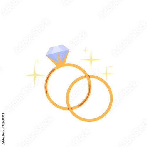 Elegant vector of two golden wedding rings illustration Drawing of a ring with  large sparkling diamond and other simple gold band. Symbol of love, union, and commitment, ideal for luxury wedding bran
