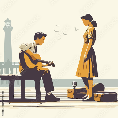 image of a man and woman playing guitar on a pier with a simple and minimalist flat design using a white background