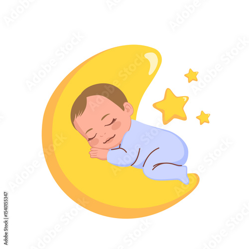 Adorable vector cartoon illustration of a baby boy in blue pajamas peacefully sleeping on a fluffy moon with three stars. Drawing for nursery prints, baby products, and calming bedtime themes