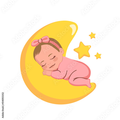 Whimsical vector showing a baby girl in pink pajamas napping on a soft fluffy moon with stars. Drawing for nursery designs, children’s books and dreamy baby branding