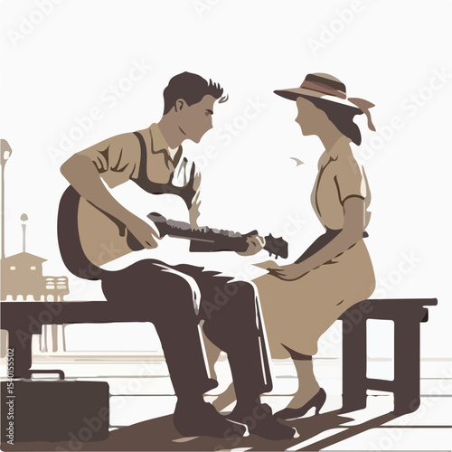 image of a man and woman playing guitar on a pier with a simple and minimalist flat design using a white background