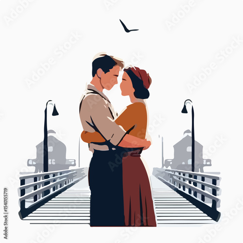 image of a man and woman hugging on a pier with a simple and minimalist flat design using a white background