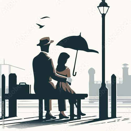 image of a man and woman sitting on a pier with a simple and minimalist flat design using a white background