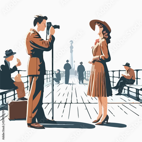 image of a man and woman taking a photo on the pier with a simple and minimalist flat design using a white background