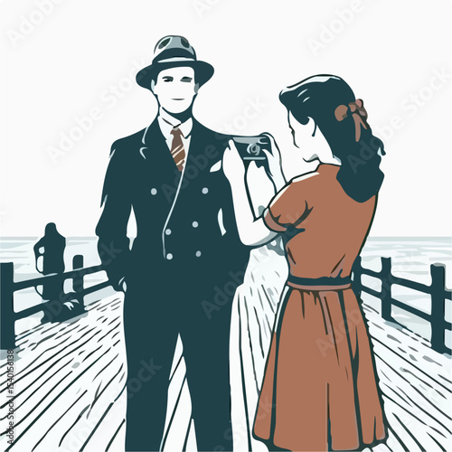 image of a man and woman taking a photo on the pier with a simple and minimalist flat design using a white background