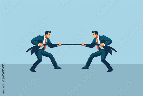 Two businessmen in suits and red ties competing in a tug of war, symbolizing business conflict, rivalry, or competition. Flat vector illustration with a clean, modern style and minimal background.