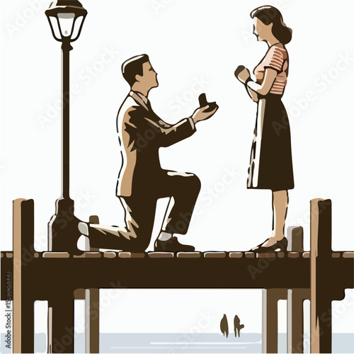 image of a man proposing to a woman on a pier with a simple and minimalist flat design using a white background