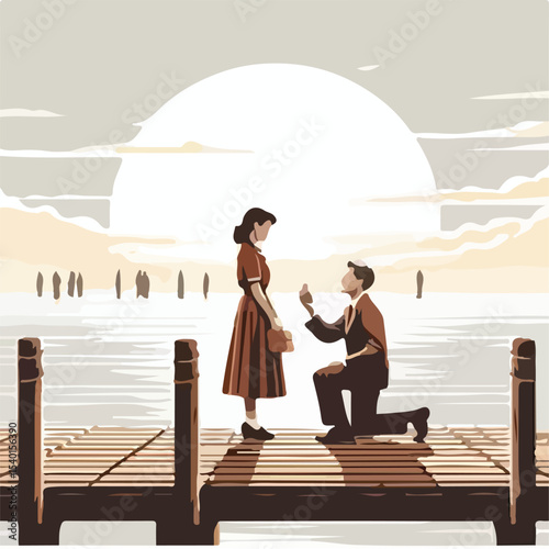 image of a man proposing to a woman on a pier with a simple and minimalist flat design using a white background