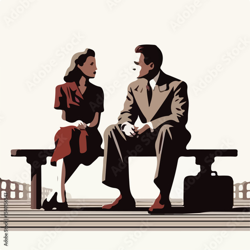 image of a man and woman sitting on a pier with a simple and minimalist flat design using a white background