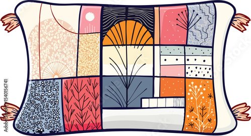 Abstract patchwork pillow design with colorful patterns and decorative tassels on white background.
