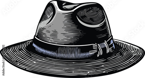 Classic elegant fedora hat vector illustration in monochrome woodcut style on white background.
