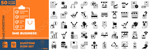 SME Busness Duotone Editable Icons set. Vector illustration in modern thin duotone style of sme business icons: building, portfolio, tax, delivery, etc