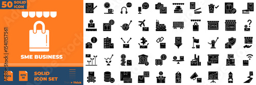 SME Busness Solid Editable Icons set. Vector illustration in modern thin solid style of sme business icons: building, portfolio, tax, delivery, etc