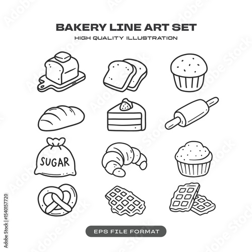 Bakery Line Art Icon Set with Bread, Pastries and Baking Tools