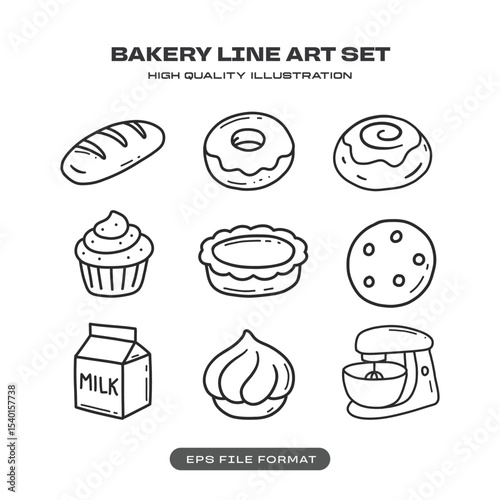 Bakery Line Art Icon Set with Bread, Pastries and Baking Tools