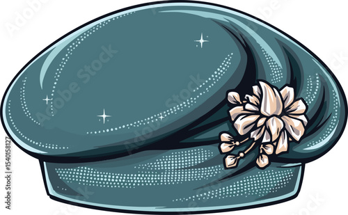 Elegant teal beret with floral decoration vector illustration in artistic flat design.