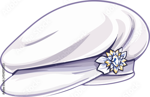 Elegant white artist beret with floral embellishment vector illustration isolated on white.
