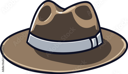 Illustrated cartoon fedora hat in brown with silver band for design elements.